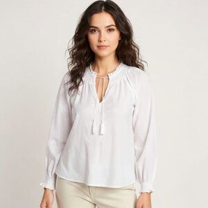 Old Navy Long-Sleeve Smocked Cuff Calla Lily White Linen Blend Poet Blouse NEW